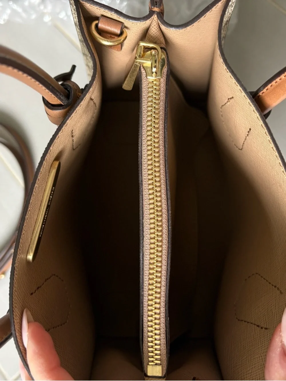 Michael Kors Medium Mercer Canvas Crossbody | Tan and Beige with Logo Print